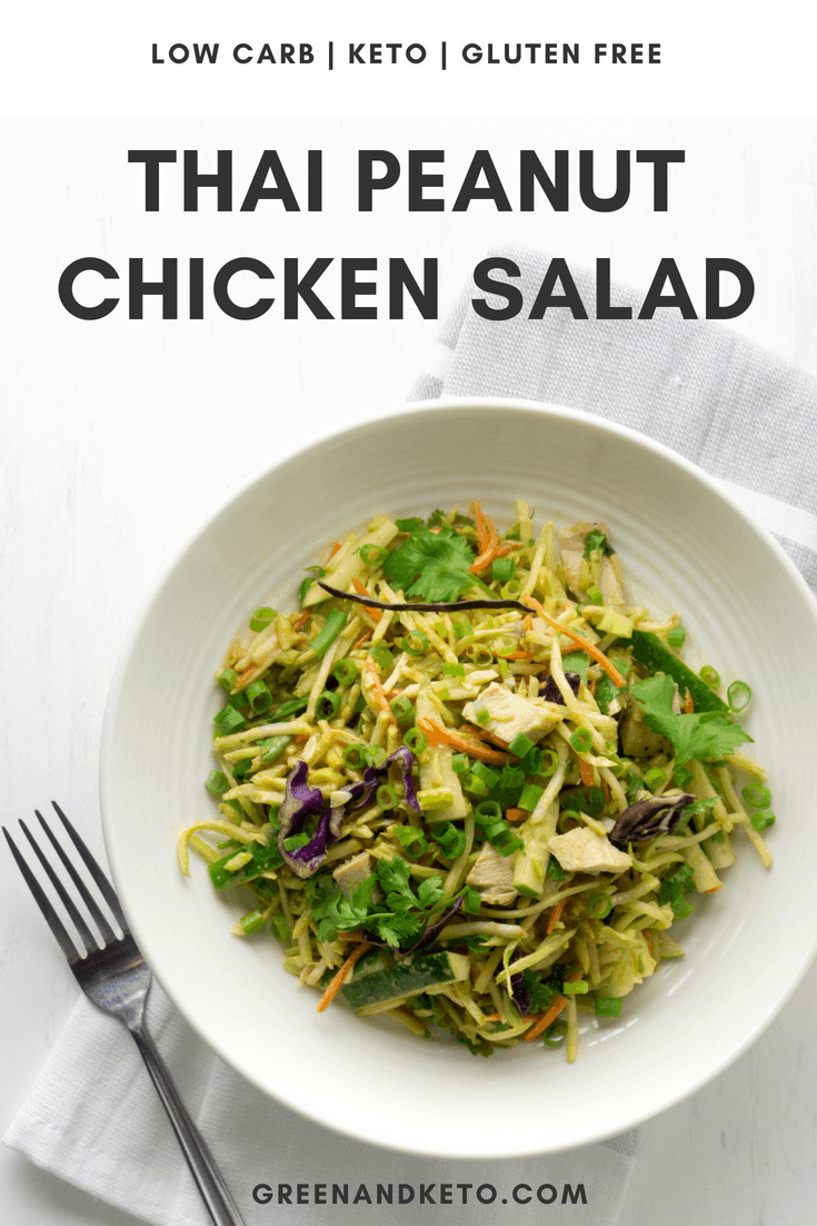 A bowl of low carb Thai Peanut Chicken Salad on a white background