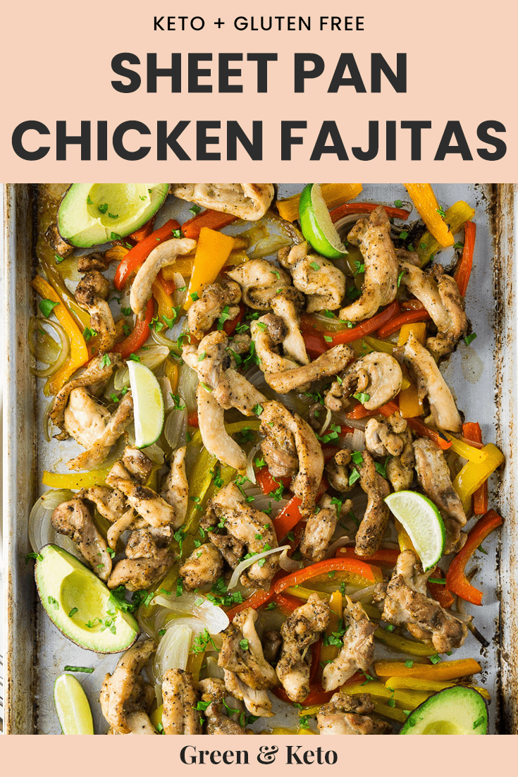 sheet pan filled with chicken and bell pepper fajitas