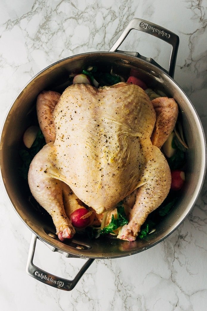 whole chicken in a dutch oven