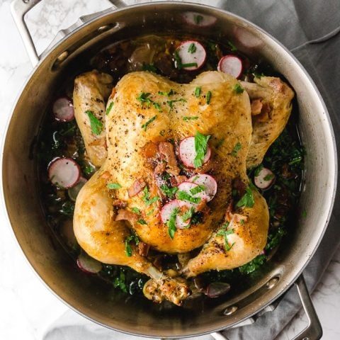 whole roasted chicken in a dutch oven