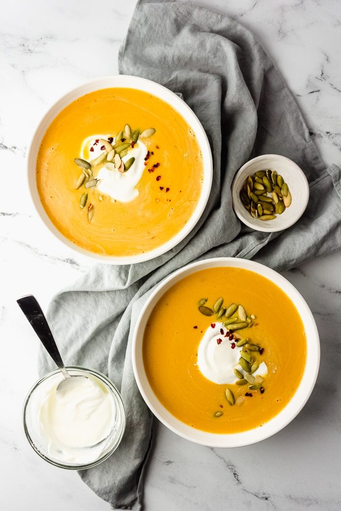 overhead view of easy, creamy, keto pumpkin soup