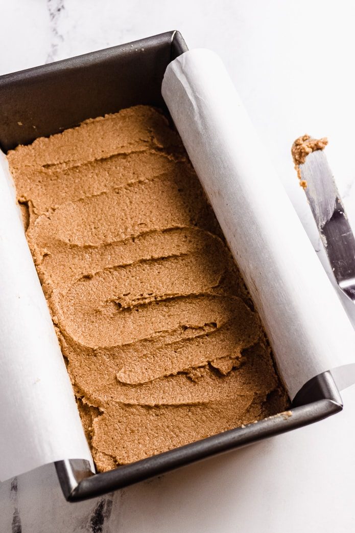 keto gingerbread cake batter in a loaf pan