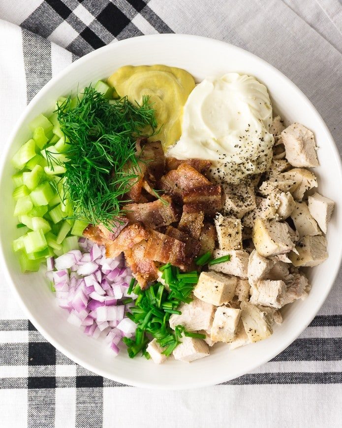 bowl of ingredients for keto chicken salad