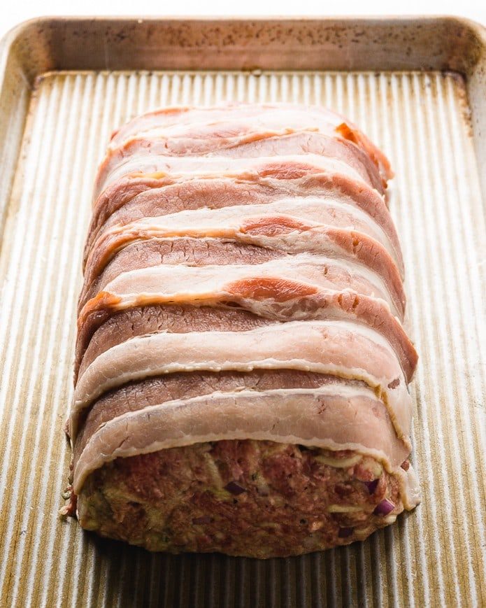 free form low carb meatloaf wrapped in bacon