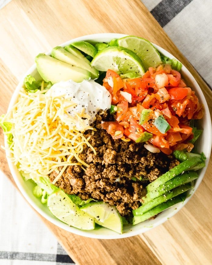 easy keto taco salad recipe made with ground beef and avocado