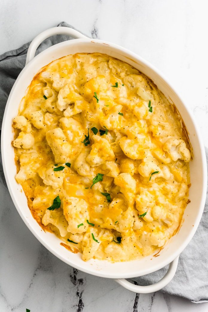 baked keto mac and cheese made with cauliflower