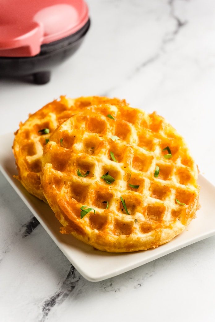 two cooked cheddar waffle chaffles