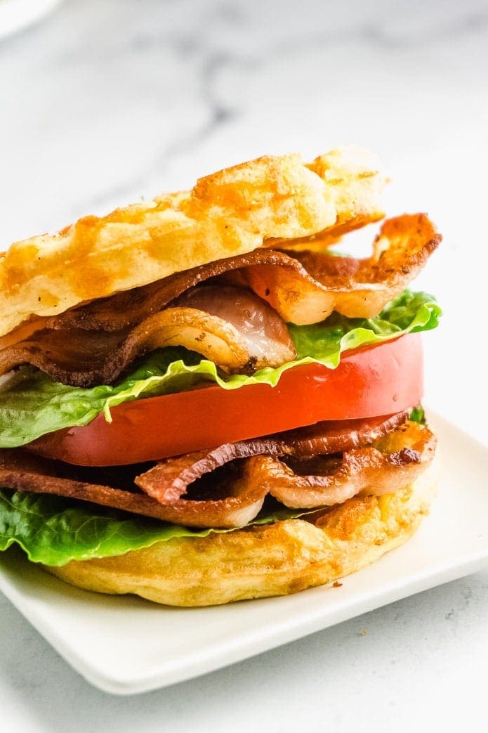 side view of keto blt sandwich made with low-carb chaffles