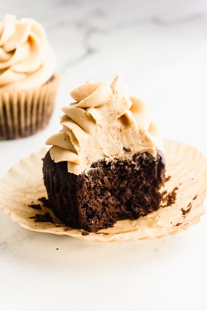 keto chocolate cupcake with peanut butter frosting