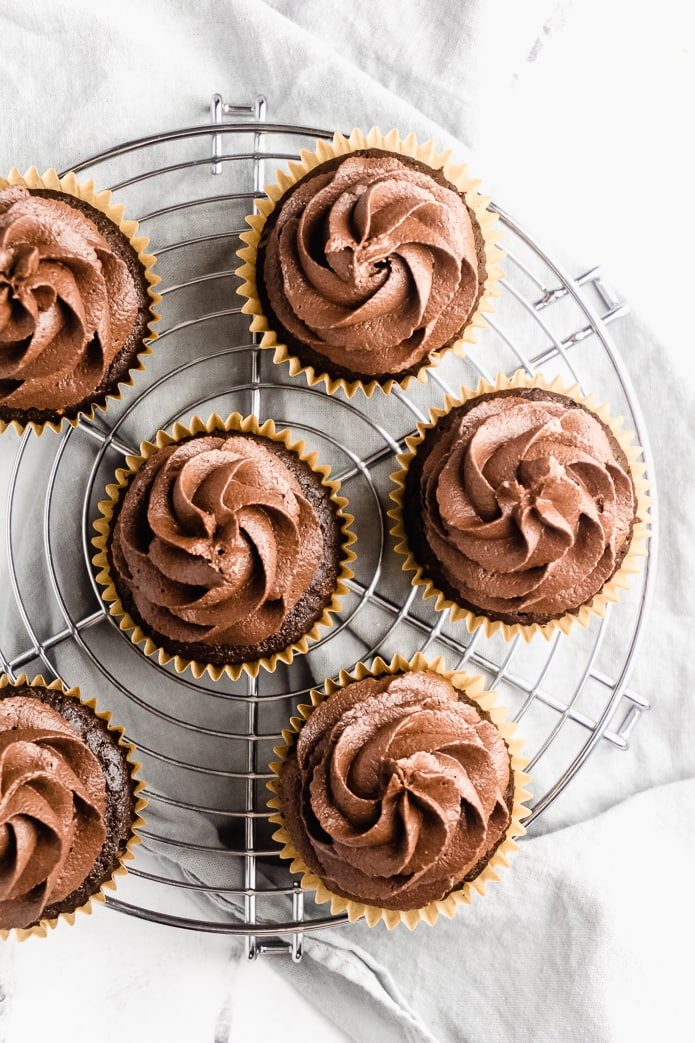 top view of keto cupcakes with chocolate buttercream frosting