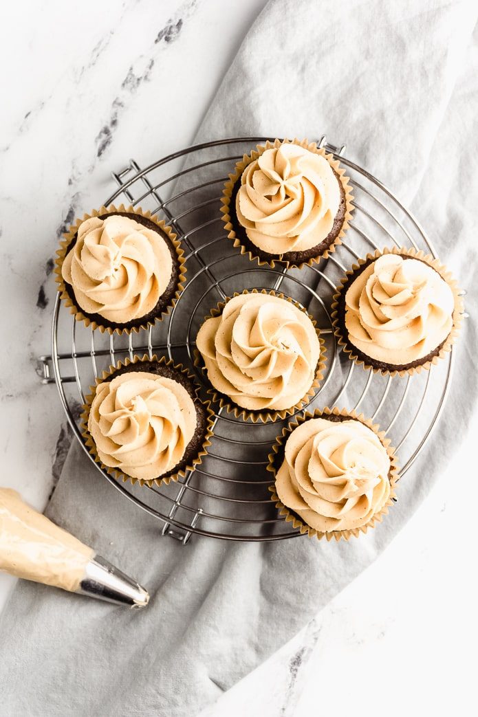 frosted chocolate low-carb cupcakes and peanut butter icing
