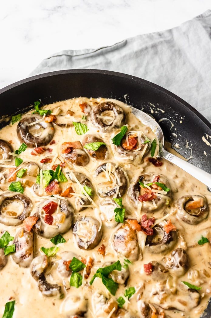 low carb and keto side dish of mushrooms in garlic cream sauce