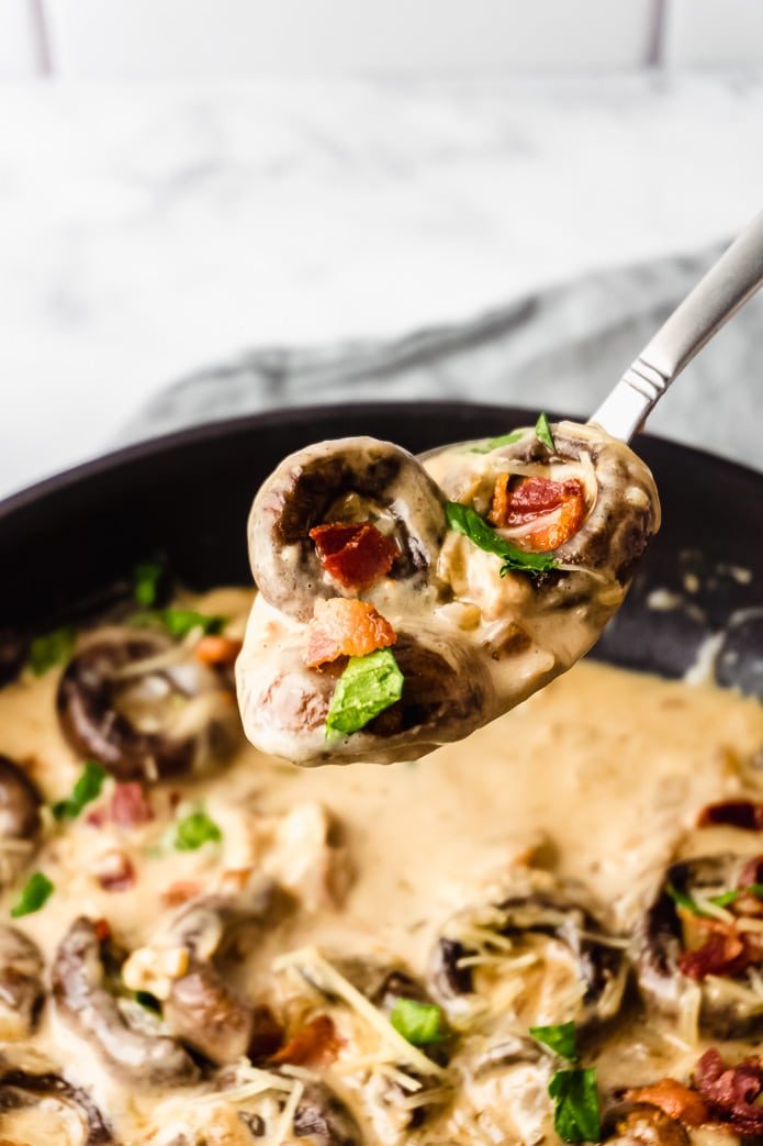 low carb garlic mushrooms in a cream sauce with bacon