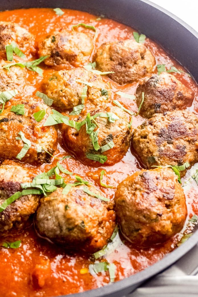 keto ground beef and pork meatballs in tomato sauce with basil