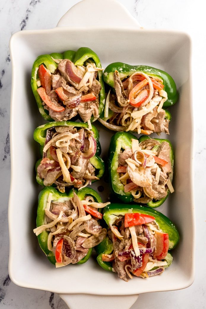 keto philly cheese steak stuffed peppers before baking