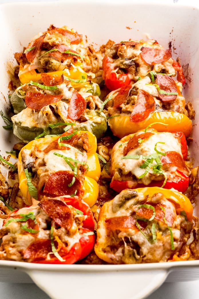 keto pizza stuffed peppers with pepperoni and sausage