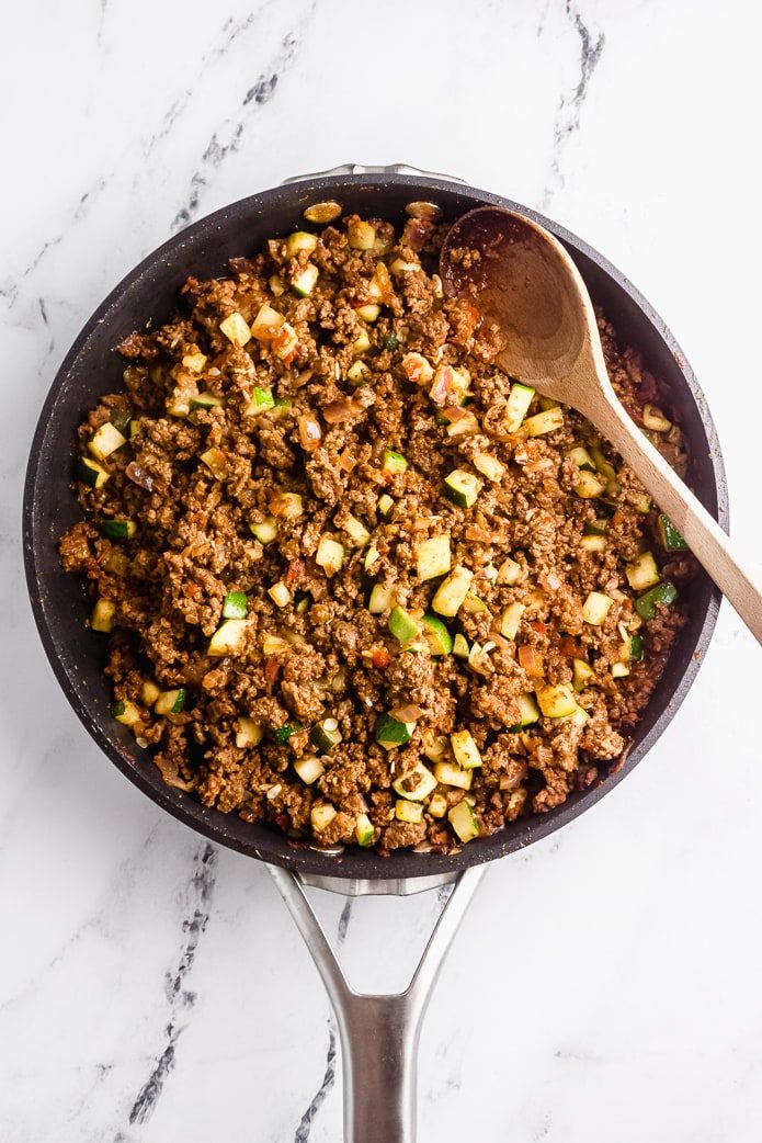ground beef, vegetables, and sauce for keto shepherd's pie