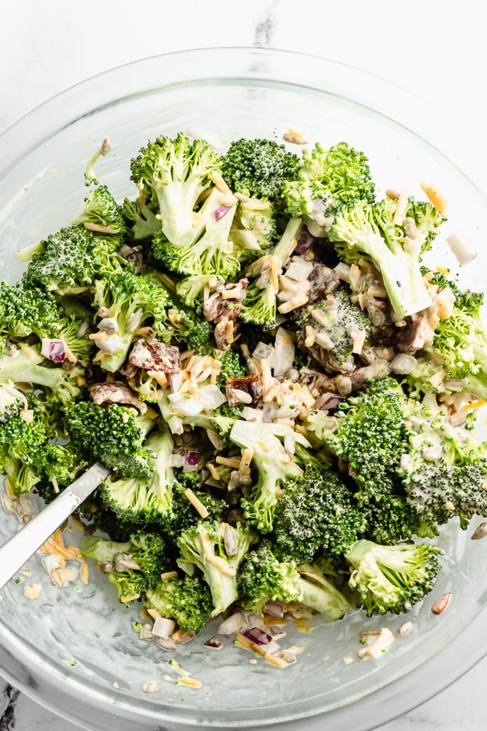 mixed ingredients for keto broccoli salad and sugar-free dressing