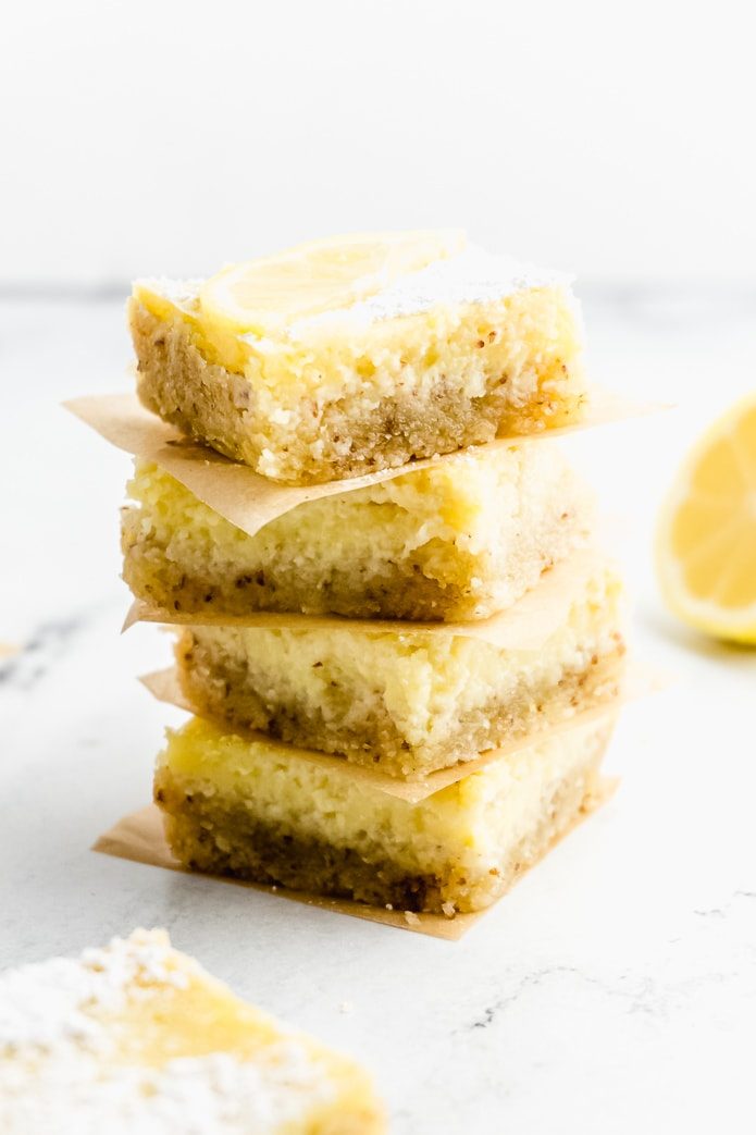 four keto lemon bars with low-carb almond flour crust