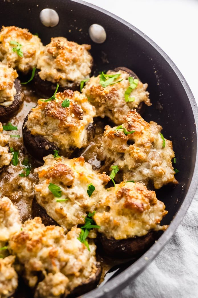 cooked keto stuffed mushrooms with cheese and sausage