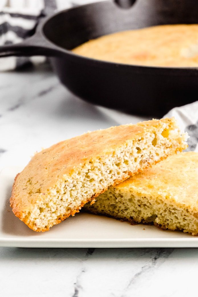 two slices of keto cornbread that is gluten free and low carb