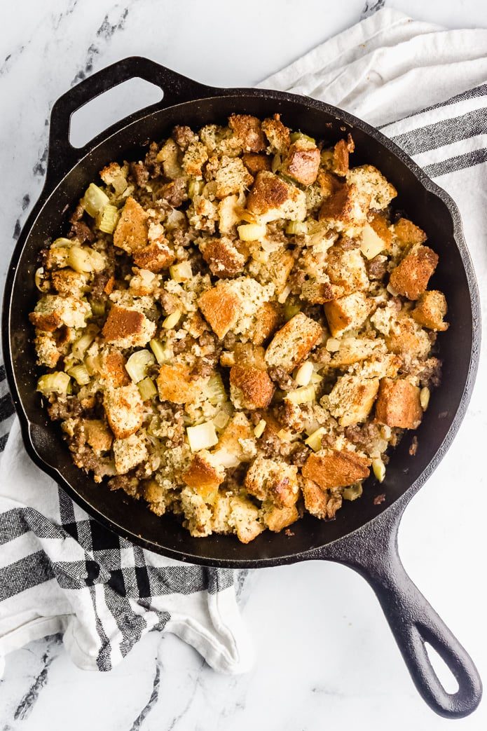 baked keto cornbread stuffing in a cast iron pan
