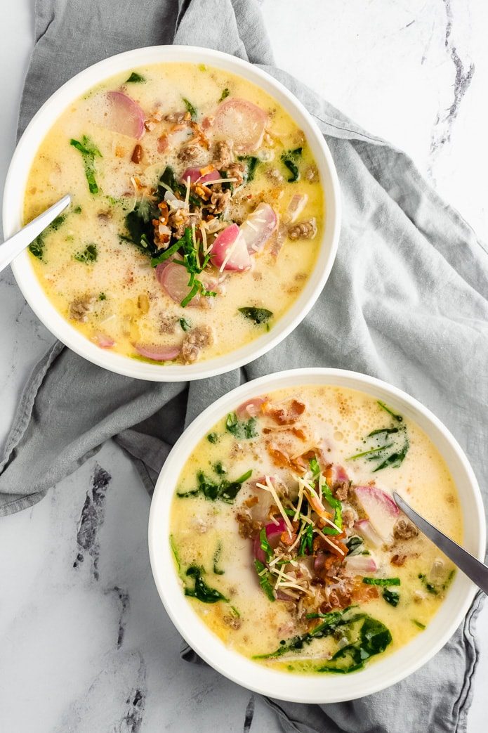 bowls of keto zuppa toscana made with low-carb radishes or cauliflower