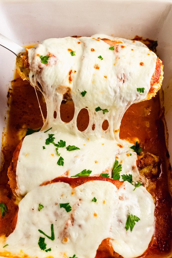 melty cheese on top of low-carb gluten-free chicken parmesan