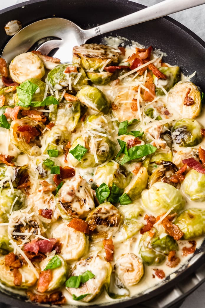keto brussels sprouts sauteed in creamy garlic cheese sauce
