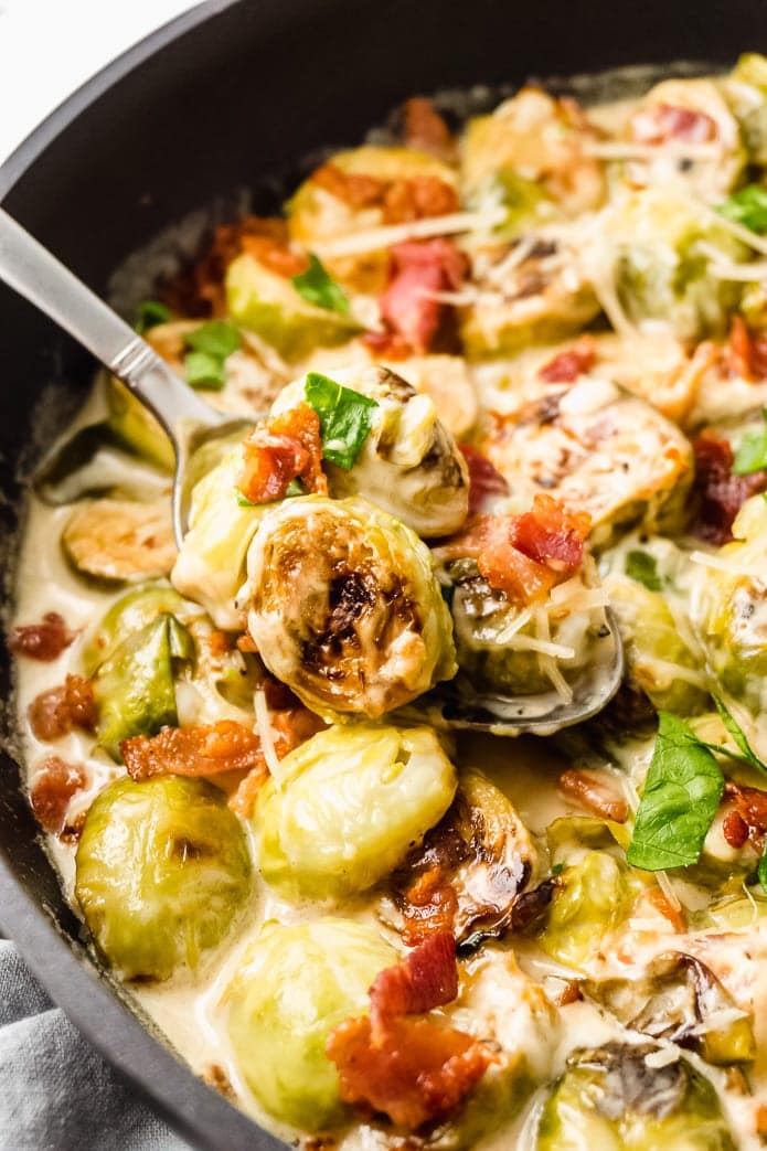 keto creamy garlic parmesan brussels sprouts with bacon