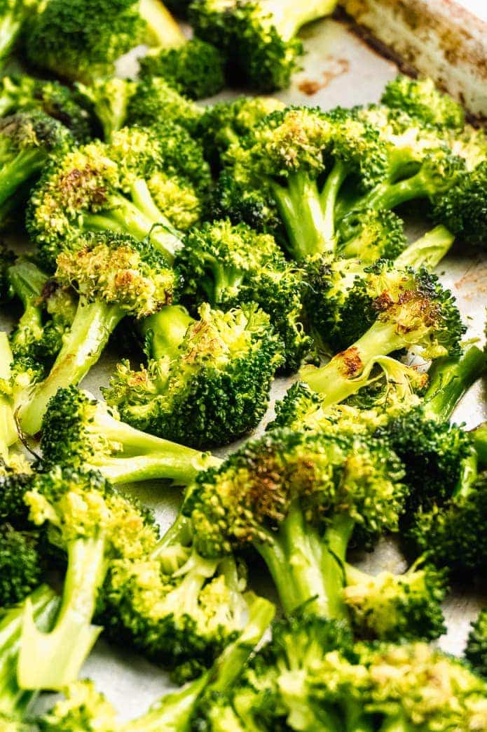 oven roasted broccoli on a sheet pan