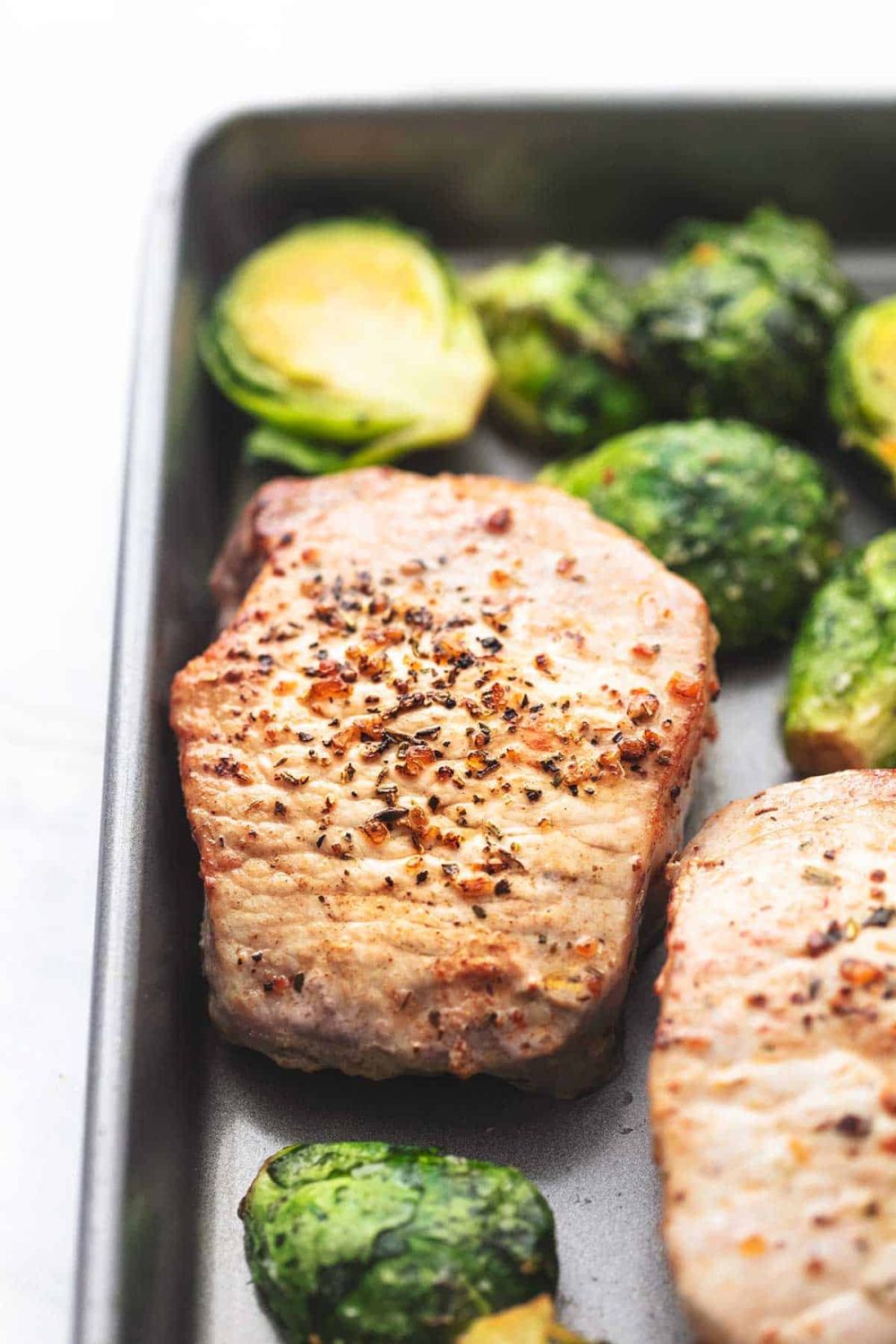 keto sheet pan pork chops with Brussels sprouts